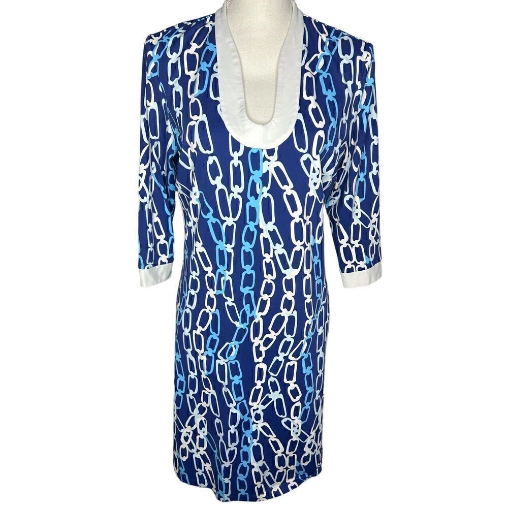 J Mclaughlin Blue White Catalina Cloth 3/4 Sleeve Chain Pattern Sz Large